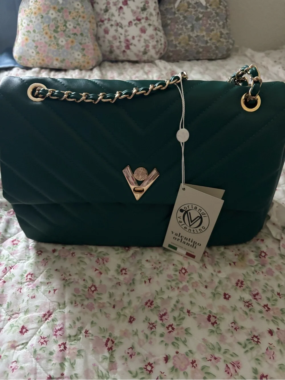 Valentino Orlandi Dark Teal Quilted Shoulder Bag with Gold Chain
